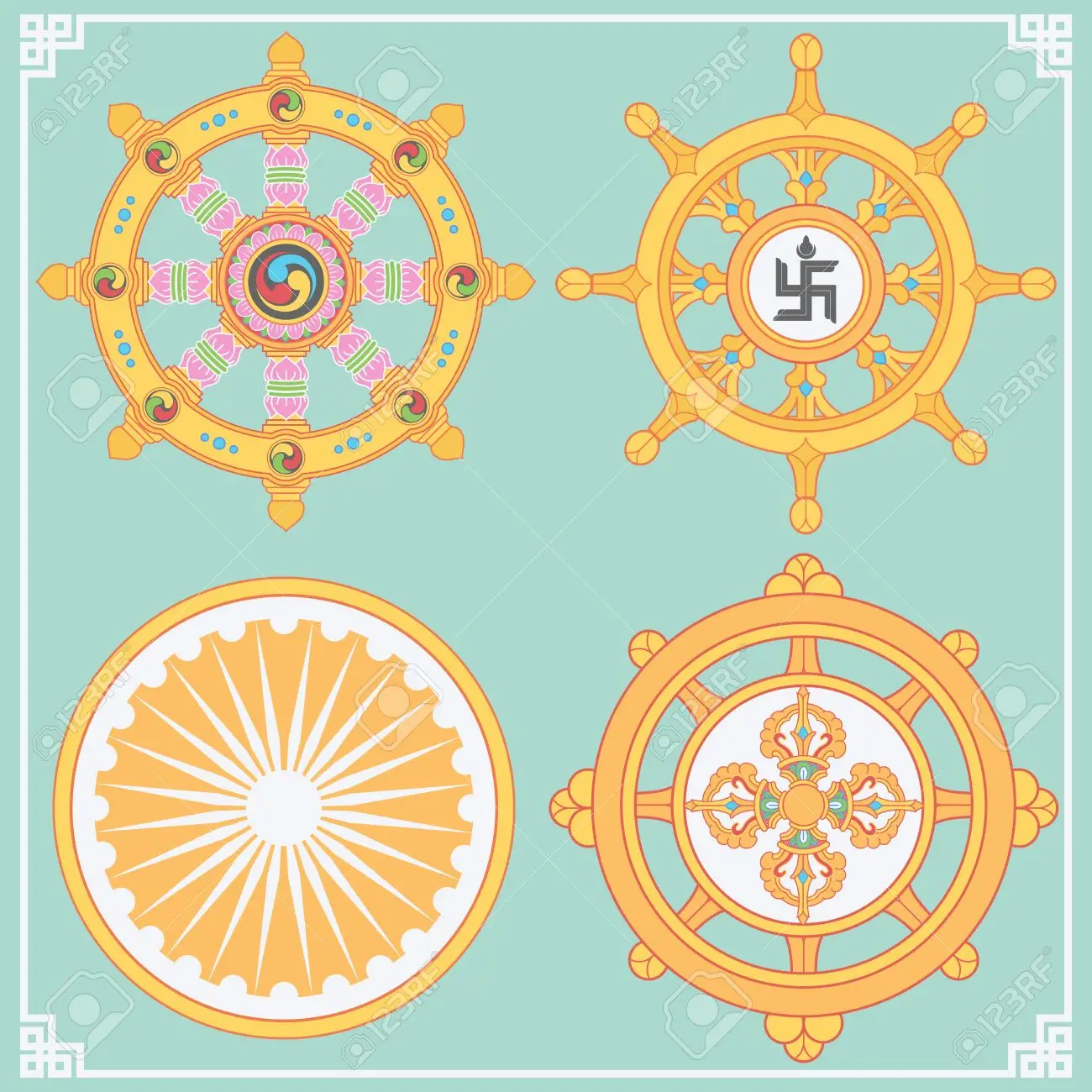 Símbolos espirituales en el Budismo: Rueda de Dharma y otros símbolos de iluminación.